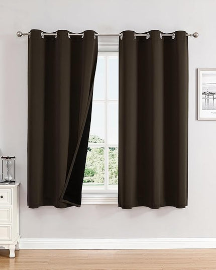 ChrisDowa 100% Blackout Curtains 63 inch Long for Bedroom with Black Liner, 2 Thick Layers Total Blackout Thermal Insulated Grommet Window Curtains 2 Panels Set (Brown, 38 x 63 Inch)
