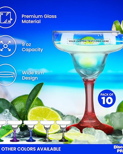 DISCOUNT PROMOS 10 Margarita Glasses Set, 9 oz. - Personalized Text, Logo - Classic, Smooth, Barware, Glassware - Red