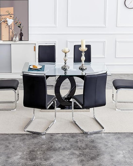 Ebullient Dining Table Set for 6 ，7 Piece Dining Table Set,Tempered Glass Table Top，Modern Dinner Room Table with 6 PU Leather Ergonomic Dining Chairs
