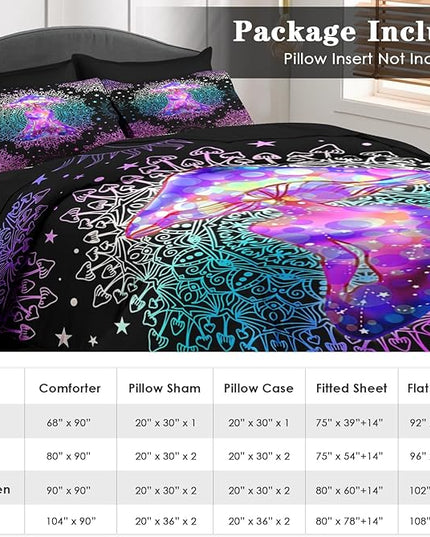 Comforter Set Twin Size, Mushroom Lotus 5 Pcs Bedding for Kids and Adults, Hippie Colorful Mandala Bed Sheet Sets with Fitted Sheet Pillowcase & Sham for Bedroom Bed Decor