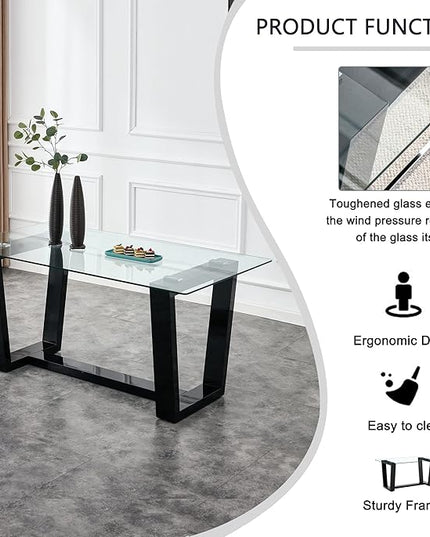 Ebullient Glass Dining Table Set for 4, Modern Dining Table Set for 4, Tempered Glass Tabletop with White MDF Trapezoid Legs, Rectangle Kitchen Table with 4 Faux Leather Chairs for Home Apartment