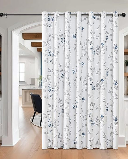 Beauoop Floral 100% Blackout Curtains 84 Inch Length 1 Panel for Patio Sliding Door Extra Wide Blue Grey Flower Patterned Divider Room Darkening Thermal Soundproof Grommet Window Drapes,100x84, 1 Set