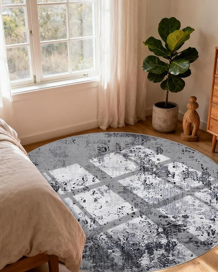 Modern Abstract 4x4 Round Area Rug Non Slip Non Shedding Rug Low Pile Stain Resistant for Bedroom Living Room Office Dining Room,Grey