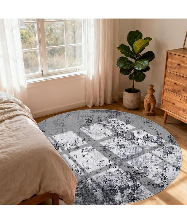 Modern Abstract 8x8 Round Area Rug Non Slip Non Shedding Rug Low Pile Stain Resistant for Bedroom Living Room Office Dining Room,Grey