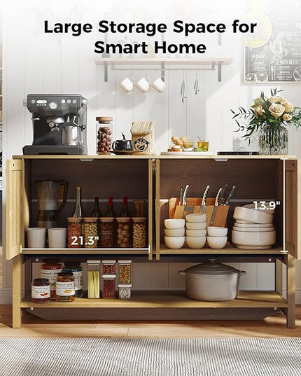 Rattan Entryway Cabinet with Storage,55“ Boho Credenza Storage Cabinet with 4 Doors and Adjustable Shelf, Wood Coffee Bar Console Cabinet Buffet Table for Kitchen, Dinning Room, Sideboard Buffet
