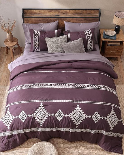 MaiRêve Embroidery King Size Comforter Set Purple, Boho Farmhouse Western Bedding Set 7 Pieces, All Season Bed in A Bag Comforter Set with Sheets, Pillowcases & Shams