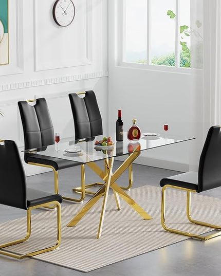 5 Piece Glass Dining Table Set, Gold Glass Kitchen Dining Room Table Set for 4, Modern 51" Rectangular Glass Metal Dining Table with 4 Black Leather Dining Chairs for Kitchen Dining Room