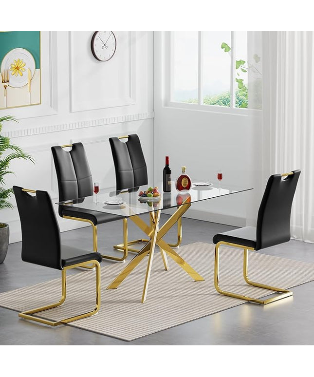 HomVent 5 Pieces Rectangular Glass Dining Table Set, Glass Kitchen Table Set for 4 Dinner Table Set with 4 PU Dining Chairs for Kitchen Dining Room