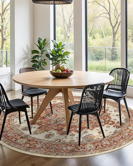 Washable Oriental Area Rug - 6ft Round Rugs for Living Room Soft Carpet for Bedroom Waterproof Floral Distressed Indoor Stain Resistant Non-Shedding Floor Carpets (Red, 6ft-Round)