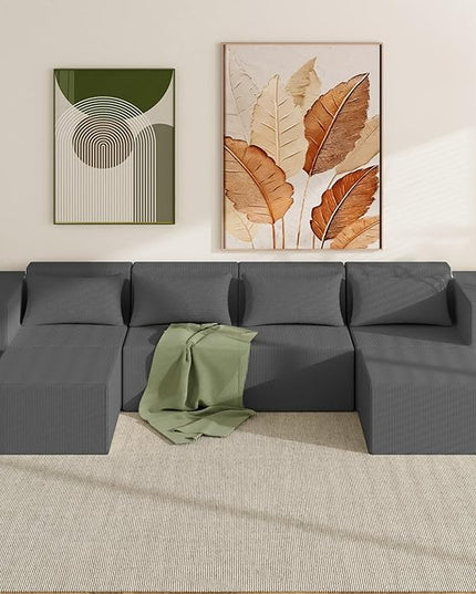 Minimalist Modular Corduroy Cloud Couch Sectional – Oversized Boneless Memory Foam Sofa for Living Room, Modern Comfy Couch, No Assembly Needed（130" U Shaped Boneless Sofa 4-Seater + 2*Ottoman,Grey）