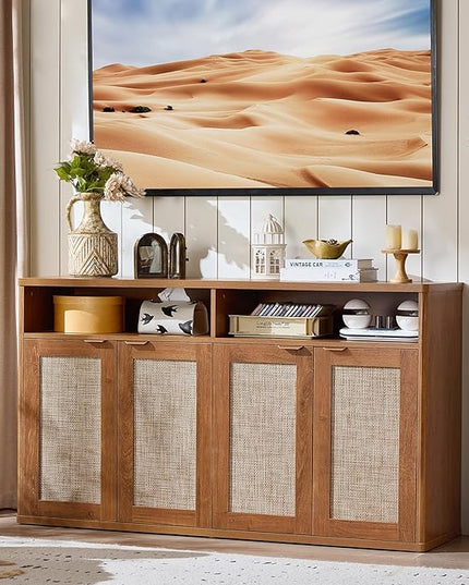 LEYAOYAO Rattan Sideboard Buffet Cabinet,55" Coffee Bar Cabinet with 4 Doors & Open Storage Shelf,Modern Credenza Console Table for Living Room Rattan Farmhouse entryway Brown