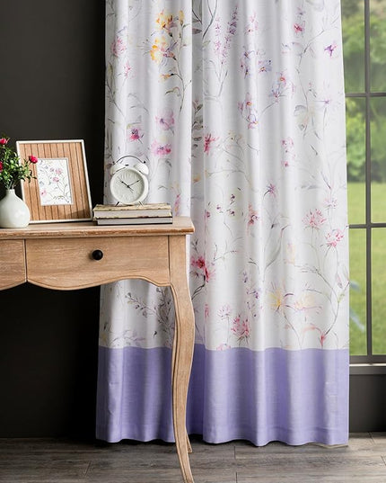 Maison d' Hermine Curtains for Living Room 100% Cotton 124 inch Length One Panel Light Filtering Curtains for Bedroom Windows with Rod and Loop Pockets Drapes (Summer Floral Lilac, 50" W x 124" L)