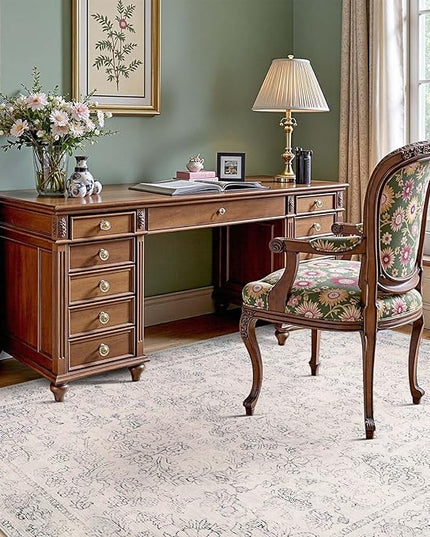 jinchan 4x6 Ivory Area Rugs for Living Room – Machine Washable Vintage Floral Soft Stain Resistant Low Pile Rug, Non Slip Ultra-Thin Carpet for Bedroom Dining Room Home Office Nursery (4'x6', Ivory)