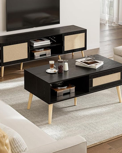 Wood Coffee Table with Storage, Boho Dining Table with Sliding Rattan Door Panel and Solid Wood Legs, Small Coffee Tables for Living Room, Black