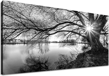 LKY ART Wall Art Decor Black and White Lake Landscape Canvas Wall Art for Living Room Office Bedroom Old Tree Silhouette with Sunburst Nature Photography Print Picture Artwork 24 x 48 inches