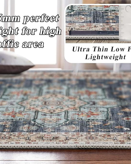 Dining Room Rugs for Under Table - Washable 6x8 Area Rug for Living Room Bedroom Soft Low Pile Non Slip Stain Resistant Carpet - Perfect for Homes with Pets & Kids (Blue/Teal/Orange, 6x8)