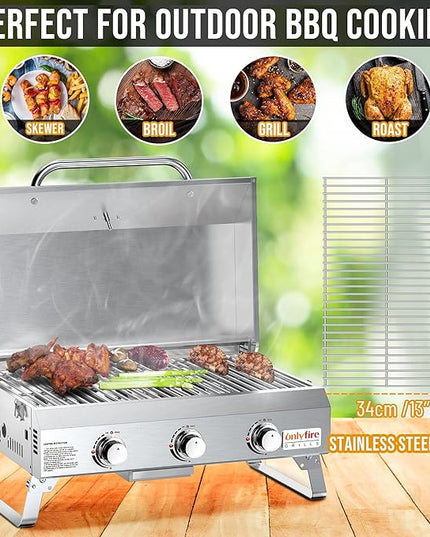Tabletop Gas Grill 3 Burners, Portable Propane BBQ Grill with Foldable Legs for Outdoor Barbecue Patio Backyard Camping, Tailgating, RV Trip, Heavy Duty & 24000BTU, GS307
