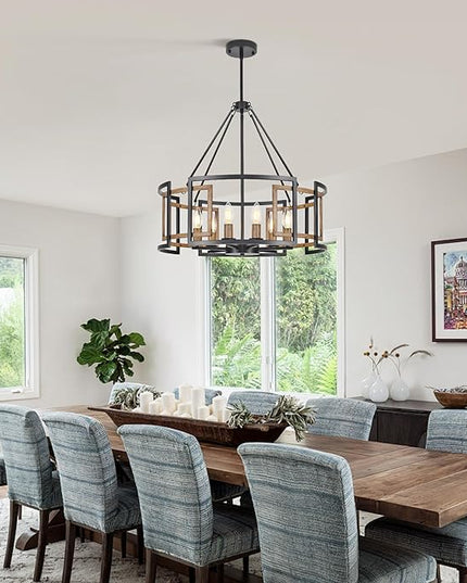 6-Light Drum Chandelier for Dining Room，23.6" Rustic Farmhouse Dining Room Light Fixture，Wood Grain and Vintage Black Metal Chandeliers for Kitchen Entryway Living Room