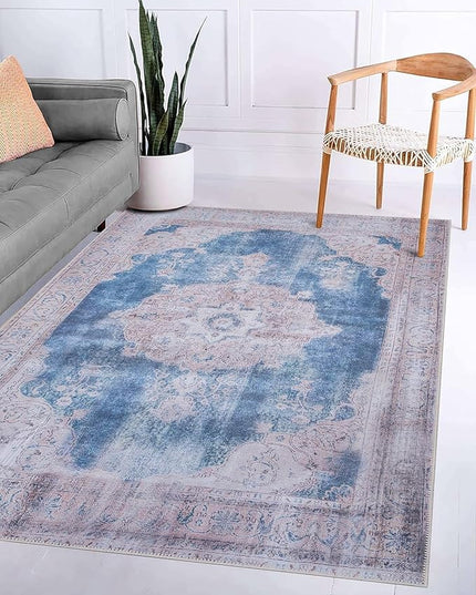 GLN Rugs Traditional Collection - Machine Washable Area Rug, Traditional Washable, Non Slip, Low Pile Chenille Rug, Living Room, Bedroom, Kitchen Rug (7'10"x10'1" Cream/Navy)