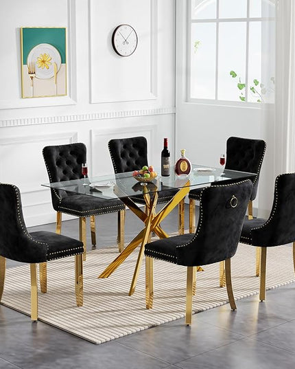 51" Glass Dining Table Set for 6, Modern Dining Room Table Set for 6, Gold X-Shape Pedestal Glass Table with 6pcs Black Dining Chairs, 7 Piece Dining Set for Dining Living Room