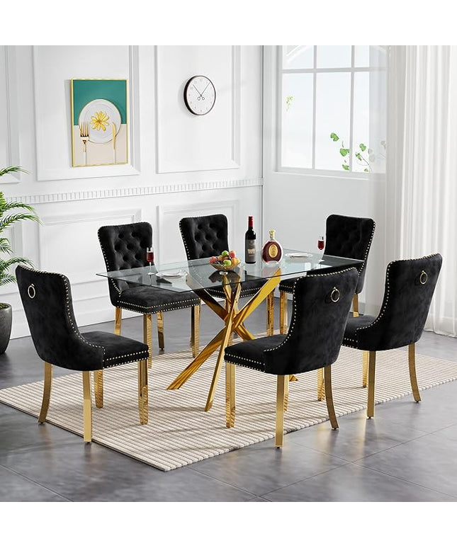 60" Glass Dining Table Set for 6, Modern Dining Room Table Set for 6, Gold X-Shape Pedestal Glass Table with 6pcs Black Dining Chairs, 7 Piece Dining Set for Dining Living Room