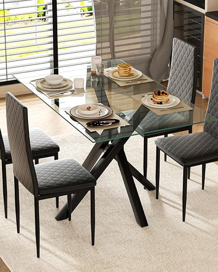 51.18 Inch Glass Dining Table, Rectangular Kitchen Glass Table for 4 People, Modern Dining Room Table for Dinner Kitchen Dining Room(Black)