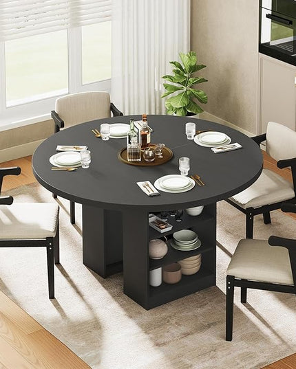 59'' Extendable Dining Table for 4-8, Round Kitchen Room Table with 3-Tier Storage Racks, Adjustable Shelves, Wooden Pedestal Base, for Kitchen, Dinner, Living Room, Office, Black