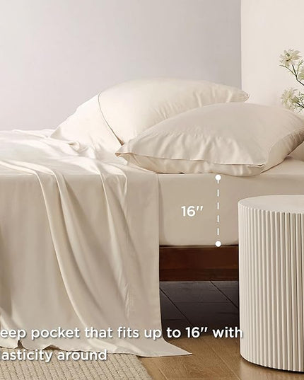Bedsure Full Size Bed Sheets, Cooling Sheets, Rayon Derived from Bamboo, Breathable & Soft, Deep Pocket Up to 16 Inches, Hotel Luxury Silky Bedding for Hot Sleepers, Light Beige