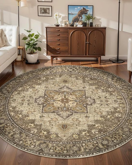 Ciicool Boho Circle Area Rug Washable 6x6ft Round Bedroom Rug Non-Slip Oriental Throw Rug Low-Pile Floor Carpet for Dining Room Living Room