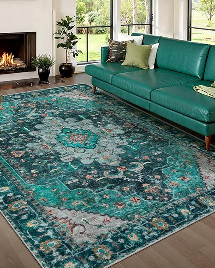 Ciicool Area Rug 5x7ft Washable Rugs for Living Room Non-Slip Indoor Rugs Large Low-Pile Mat Floor Carpet Vintage Rug for Bedroom Dinning Foyer Decor (Teal/Multi)