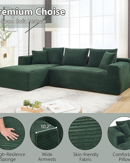 PELUMY 108.7" L-Shaped Modular Sectional Sofa with Oversized Chaise, Cloud Couch with Memory Foam, No Assembly Required Sleeper Sofa for Small Space Living Room, Apartment (Green, Corduroy)