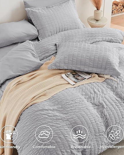 HYMOKEGE Light Grey California King Comforter Set Seersucker 7 Pieces, All Season Luxury Bed in a Bag for Bedroom, Bedding Set with Comforters, Sheets, Pillowcases & Shams