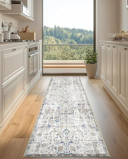 jinchan Kalen Runner Rug 2x10 Washable Hallway Rug Vintage Runner Indoor Floor Cover Thin Retro Distressed Floral Country Non Slip Carpet for Entryway Bathroom Bedroom Living Room Stairway Blue