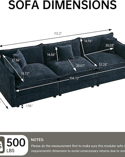 Modular Sectional Sofa, 112.2 Inch Rectangle Shaped Couch Set with Armrests, 3-Seater Comfy Cloud Couches for Living Room Apartment, Blue