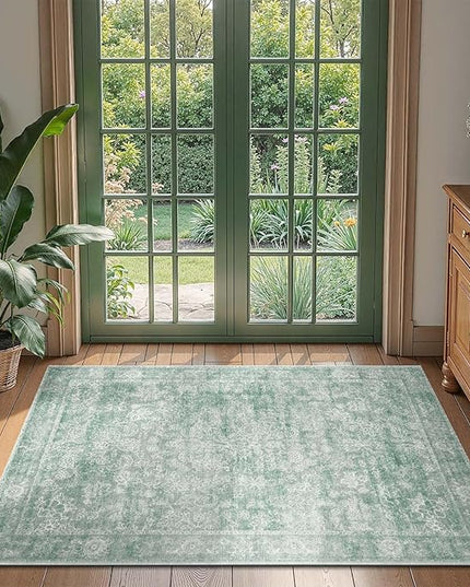 jinchan 3x5 Green Rugs for Entryway - Machine Washable Vintage Floral Ultra-Thin Low Pile Soft Throw Small Non-Slip Distressed Doormat Accent Rug for Entrance Bathroom Kitchen Bedroom (3'x5', Green)