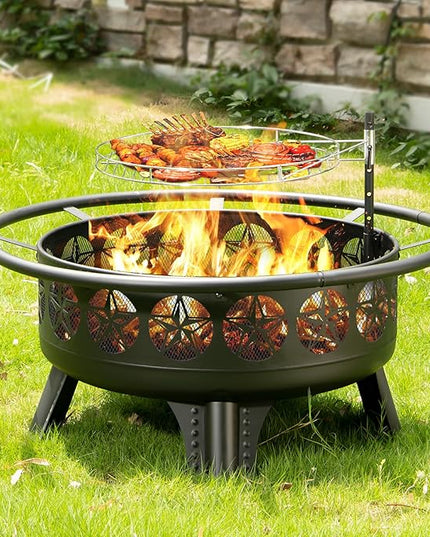 38” Wood Burning Fire Pits for Outside,3-in-1 Fire Pit with Grill, Spark Screen & Fire Poker,Outdoor Firepit Table with Swivel Cooking Grate for Yard BBQ Bonfire Patio Camping (38 inch)