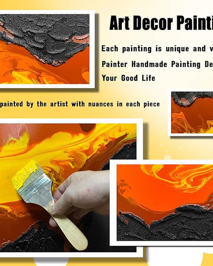 GUGIKA Abstract Wall Art for Living Room, Black and Gold Yellow Volcanic Lava Canvas Wall-Decor for Bedroom, Hand Painted 3D Textured Magma Paintings, Size 47x24 Inches