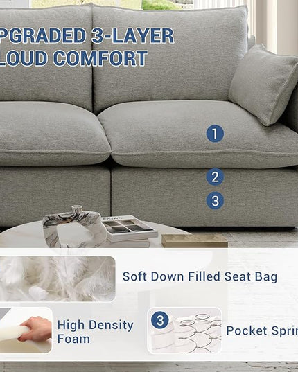 Cloud Middle Sectional, Waterproof Down Filled Sectional Sofa, High Backrest Modular Sectional Couches for Living Room, Modern Modular Couch with Removable Cover, Light Gray