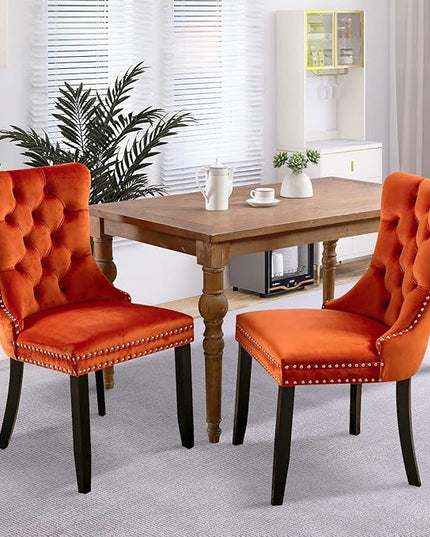 SoarFlash Velvet Dining Chairs Set of 2, Tall Back Side Chair, Modern Upholstered High-end Tufted Side Chair with Button Back Ring, Solid Wood Legs (Orange)