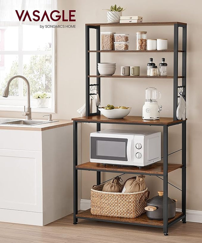 VASAGLE Coffee Bar, 31.5 Inches Baker's Rack for Kitchen with Storage, 6-Tier Kitchen Shelves with 6 Hooks, Microwave Stand, Industrial, Rustic Brown and Ink Black UKKS019B01