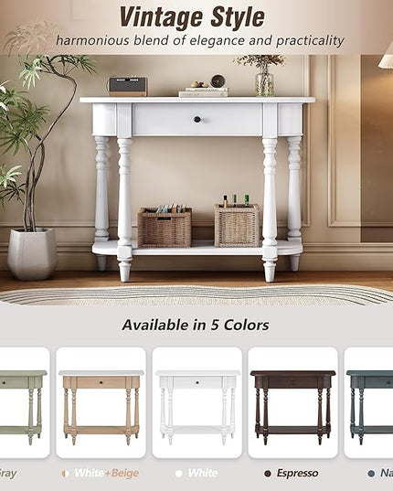 HMFULE Retro Curved Console Table, 36" Solid Wood Half Moon Console Table Sofa Table Entryway Table with 1 Drawer 1 Open Shelf Roman Legs Curved Corners for Living Room,Entryway,Hallway,White