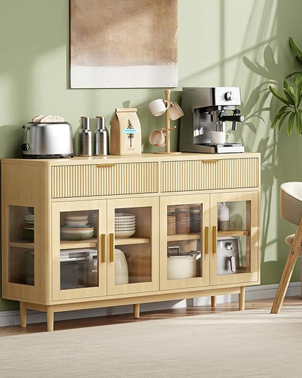 IRONCK 59'' Sideboard Buffet Cabinet with Drawers, Modern Kitchen Storage Cabinet with Adjustable Shelves and Tempered Glass Doors, Wood Coffee Bar for Kitchen, Living Room, Oak
