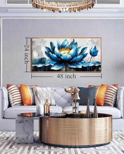 Ouzzlie Lotus Wall Art Blue Wall Decor Flower Painting Gray Canvas for Bedroom Modern Art 24" x 48"