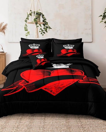 Merryword 6 Pcs Bed in a Bag Love Heart Comforter Set Twin Size Prince Princess Bedding Set Crown Pattern Romantic Valentine's Day Comforter Set
