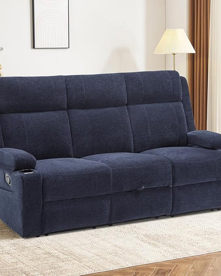Manual Reclining Sofa,RV Loveseat Reclining Couch with Drop Down Table/ 4 Cup Holder/Hidden Storage, Wall Hugger Recliner Sofa for Living Room & Home Theater & RV(Blue)
