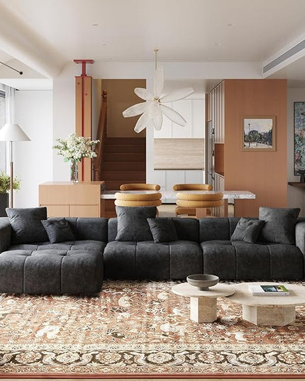 JACH 144.1 Inch L-Shaped Modular Sofas, Modern 3-Seater Couch with Chaise Ottoman, Mid Century Modern Sectional Couches, Cozy Sleeper Sofa for Apartment/Living Room (Linen Fabric, Black)
