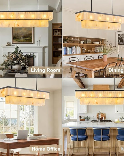 Rectangle Alabaster Chandelier, L54 Linear Chandeliers Over Table Pendant Light Modern Mrable Rectangular Chandelier for Kitchen Island Dining Room Living Room 2-Tier Black(Include 16 Bulbs)