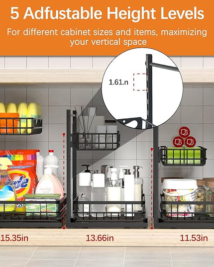 Under Sink Organizer, Adjustable Height Pull-Out Kitchen Storage Organization,15.8" x 11.8" x 16.5", 2-Tier Kitchen Shelf, Bathroom Drawer Organizer, 2 Pack|Black