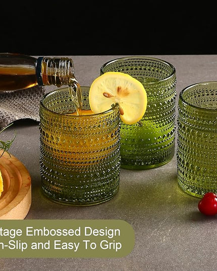 Vintage Glassware Drinking Glasses Set of 6,12 oz Hobnail Glass Cups,Embossed Green Water Tumbler,for Beer,Cocktail,Whiskey,Juice and Various Mixed Drinks- 1 Cleaning Brush