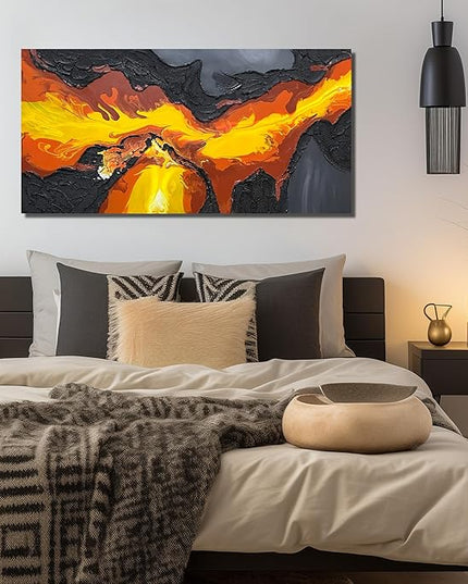 GUGIKA Abstract Wall Art for Living Room, Black and Gold Yellow Volcanic Lava Canvas Wall-Decor for Bedroom, Hand Painted 3D Textured Magma Paintings, Size 47x24 Inches
